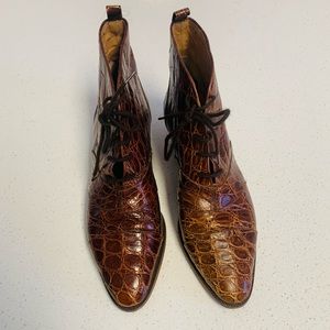 Cole Haan Vintage Alligator Print Leather Ankle Booties Patent Shiny Boots